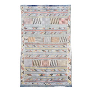 Galerie Shabab Collection Mid-20th Century Silk Moroccan Boho-Chic Flatweave Rug in a Slate Blue Shade For Sale