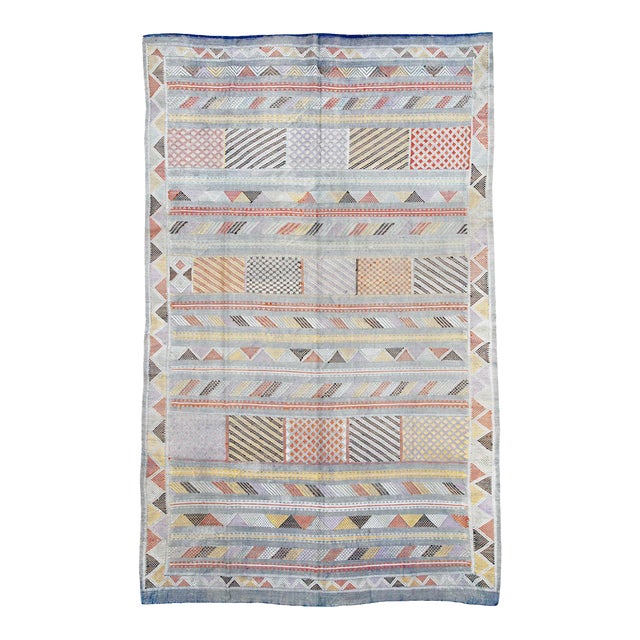 Galerie Shabab Collection Mid-20th Century Silk Moroccan Boho-Chic Flatweave Rug in a Slate Blue Shade For Sale