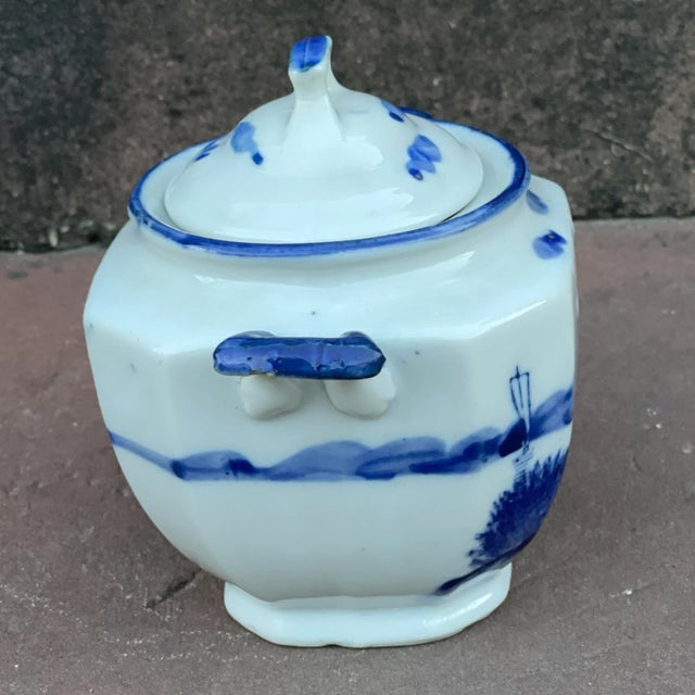 Vintage 1940s Blue & White Ceramic Canister With Small Lid & Handles. Canister Features Blue & White Windmill Motif For Sale In Baltimore - Image 6 of 10