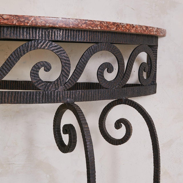 1940s French Wrought Iron Demilune Console with Rosso Verona Marble Top, 1940s For Sale - Image 5 of 8