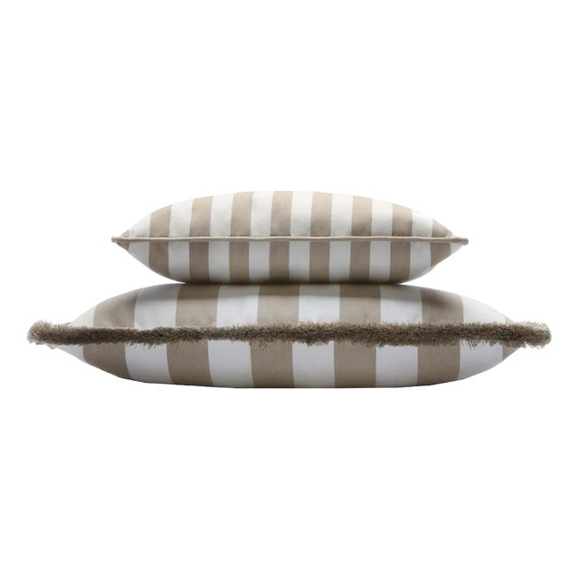 Outdoor Happy Pillows Beige and White with Fringes and Piping, Set of 2 For Sale