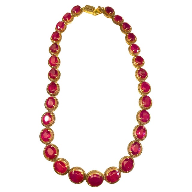 English Bochic “Capri” Vintage Ruby & Diamond Necklace & Earring Set 18K Gold & Silver For Sale - Image 3 of 8