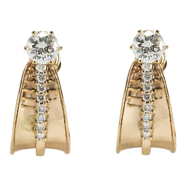 Vintage 14k Yellow Gold 1.43ct Diamond Stud Huggie Clip Dangle J Hoops Earrings, a Pair For Sale