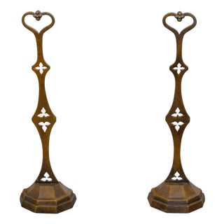 19th-Century English Bronze Andirons with Gothic Details and Heart Finials For Sale