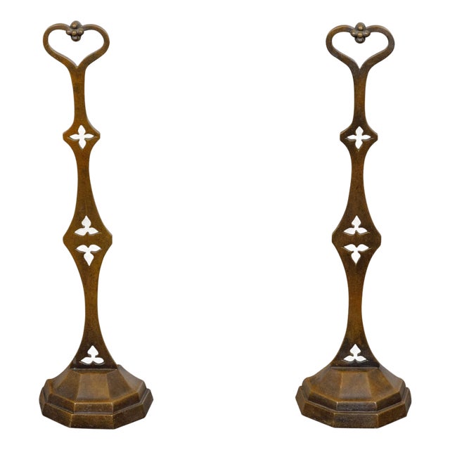 19th-Century English Bronze Andirons with Gothic Details and Heart Finials For Sale