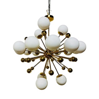 Vintage Italian Sputnik Chandelier in Brass and Opaline Glass, 1970s For Sale