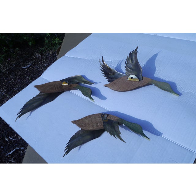 Mid 20th Century Retro Brass Wood Flying Duck Geese Birds Wall Art