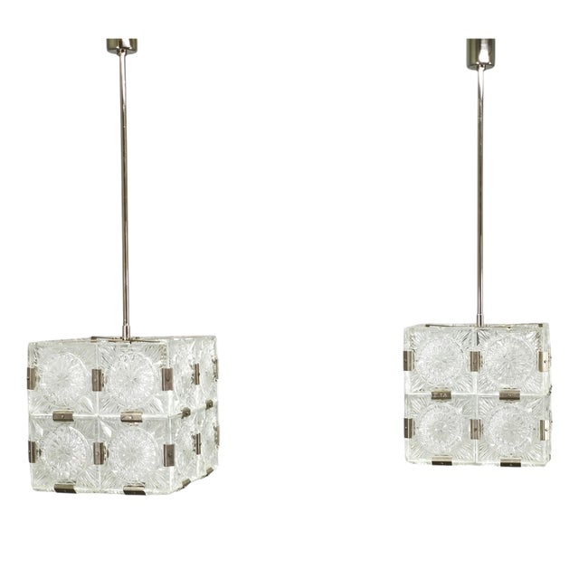 Crystal Cube Pendant Lights by Lustry Kamenický Šenov, 1970s, Set of 2 For Sale