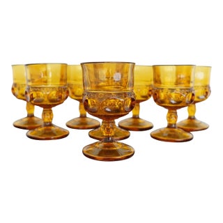 Vintage Indiana Glass Amber King’s Crown Thumbprint Cordial Glasses - Set of 8 For Sale