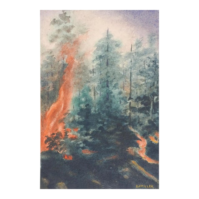Vintage Mid 20th Century Forest Fire Watercolor Painting For Sale