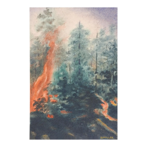 Vintage Mid 20th Century Forest Fire Watercolor Painting