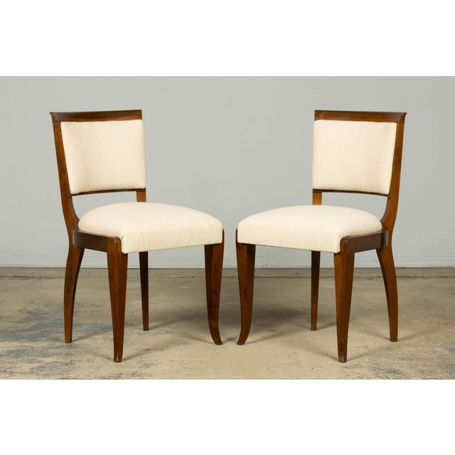 Wood Set of 6 French Art Deco Walnut Dining Chairs in Ivory Ribbed Upholstery, 1930s For Sale - Image 7 of 18
