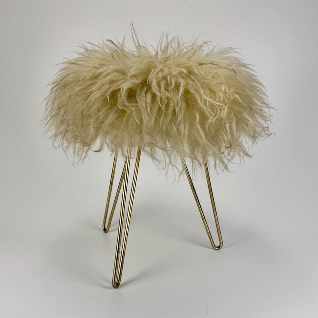 Mid-Century Modern Mid-Century Modern Brass Tripod Hairpin Legged Lambswool Fur Stool, 1970s For Sale - Image 3 of 7