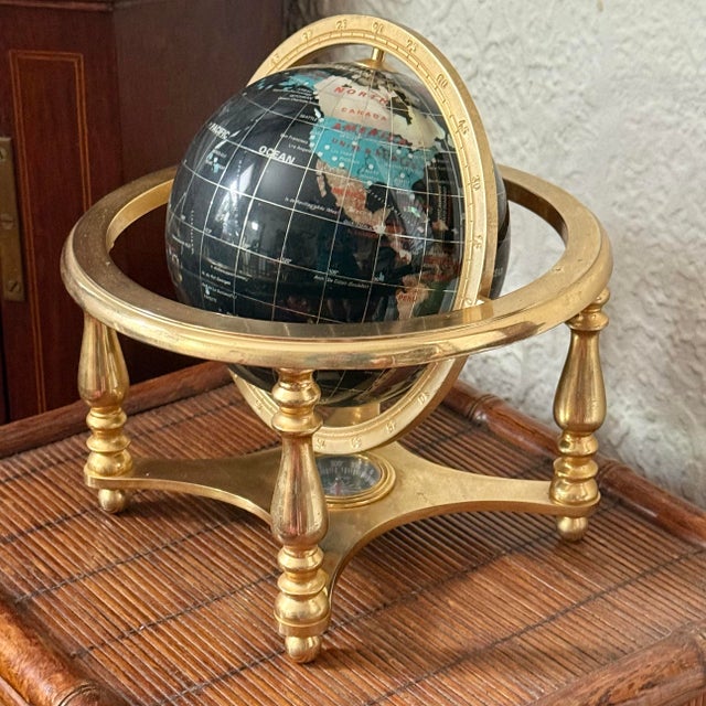 Brass Late 20th Century Black World Globe With Semiprecious Gemstones on Brass Base For Sale - Image 8 of 8