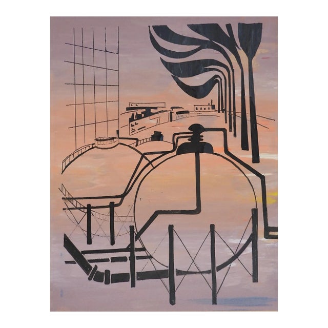 Vintage Mid Century Industrial Refinery Scene Serigraph For Sale
