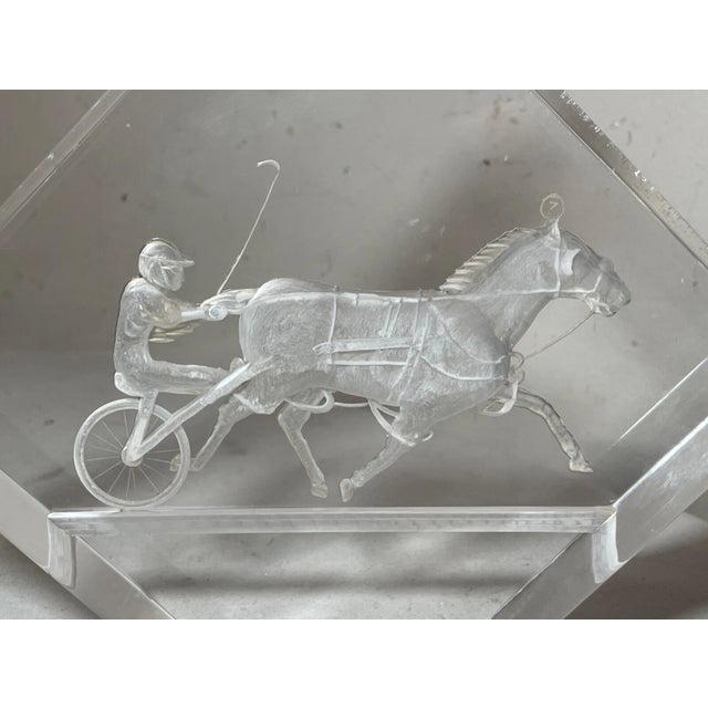 Art Deco Pair of 2 Vintage Handmade Carved Etched Lucite Acrylic Harness Jockey Bookends For Sale - Image 3 of 14