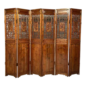 Six-Panel Teak Asian, Early 20th Century Folding Screen / Room Divider