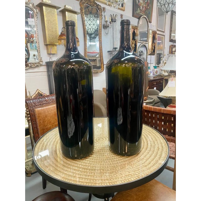 Large Vintage Demijohn Style Dark Green Blown Glass Wine Bottle, a Pair For Sale - Image 9 of 11