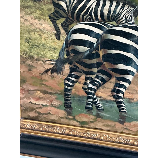 Green Vintage Zebra Landscape Oil Painting For Sale - Image 8 of 18