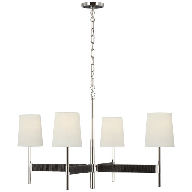 Suzanne Kasler for Visual Comfort Signature Elle Large Chandelier in Polished Nickel & Black Rattan with Linen Shades For Sale