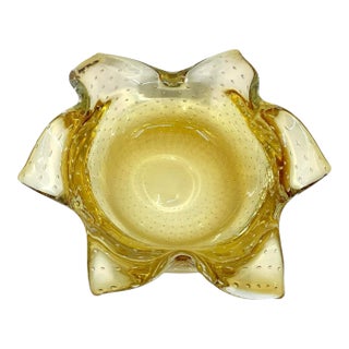 Vintage Murano Bullicante Controlled Bubble Art Glass Amber Yellow Ashtray/ Catchall For Sale