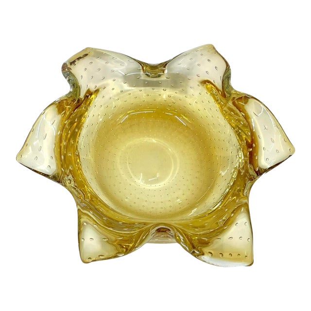 Vintage Murano Bullicante Controlled Bubble Art Glass Amber Yellow Ashtray/ Catchall For Sale