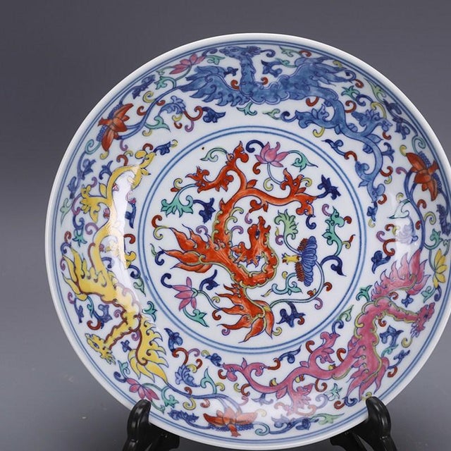 Asian Hand-Painted Porcelain Dish – 7.9" Doucai Dragon & Floral Plate With Yongzheng Mark For Sale - Image 3 of 10