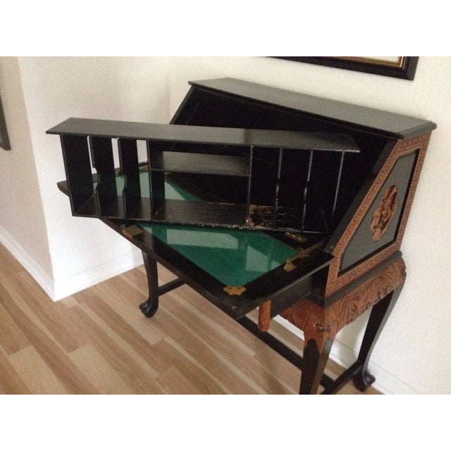 1960s Vintage Asian Writing Desk Carved Dragons Teak Black Chinese Hunan For Sale - Image 4 of 7