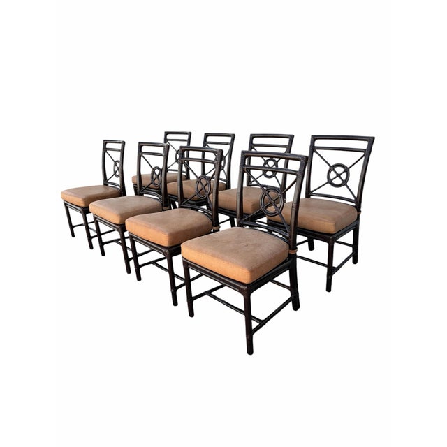 Set of 8 McGuire Rattan Target Back Dining Chairs with Premium Tan Pigmented Leather Cushions. Also available in sets of...