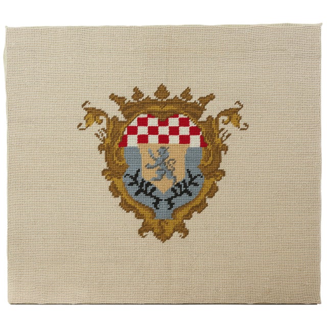Early 21st Century Vintage Hand Stitched Heraldic Crest Needlework Crowned Shield and Lion Embroidery Wall Art For Sale - Image 5 of 5