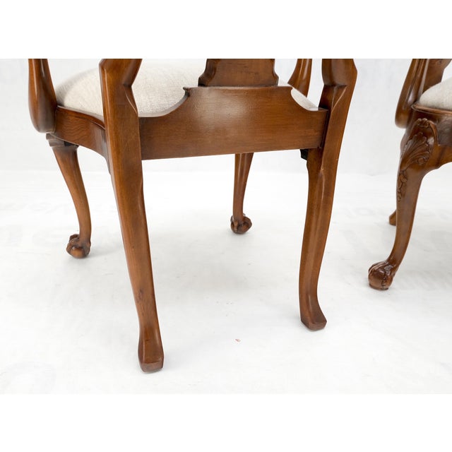 Pair of Carved Burl Wood New Oatmeal Linen Upholstery Armchairs Mint! For Sale - Image 14 of 16