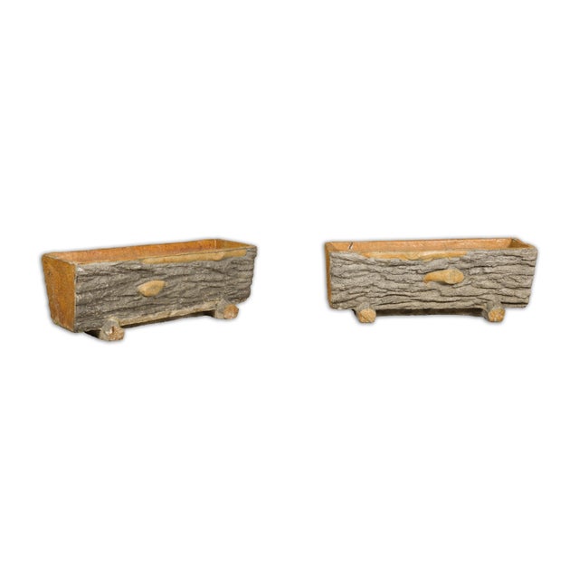 Early 20th Century Rustic Pair of Faux Bois Midcentury Trough Shaped Concrete Planters, circa 1930 For Sale - Image 5 of 12
