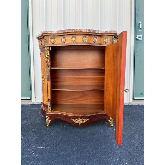Early 20th Century Louis XV Satinwood Marquetry Console Cabinet- Marble, Brass Ormolu, & Porcelain Medallions For Sale - Image 5 of 12