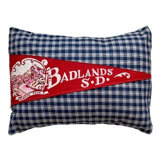 South Dakota Badlands Vintage Red Pennant on New Woven Plaid Pillow For Sale