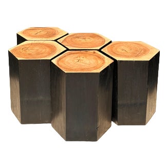 Hexagonal Stools in Two-Tone Suar, Set of 5 For Sale