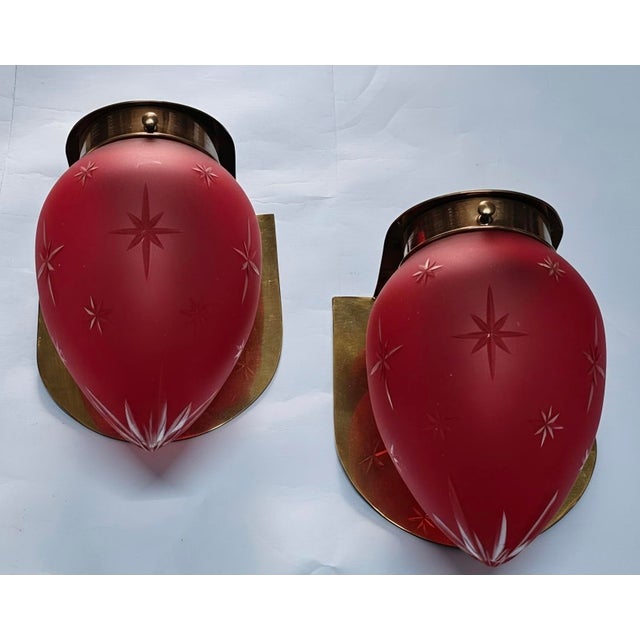 Art Deco Vintage Art Deco Light Old Lamp Wall Sconces Fixture Brass & Star Red Glass Shade Ship Light Lamp - Pair For Sale - Image 3 of 5