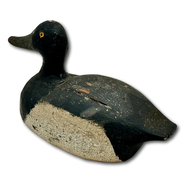 Very Nice Large Size Antique American Hand Carved & Painted Wood Duck Hunters Working Decoy With Glass Eyes For Sale In Boston - Image 6 of 18