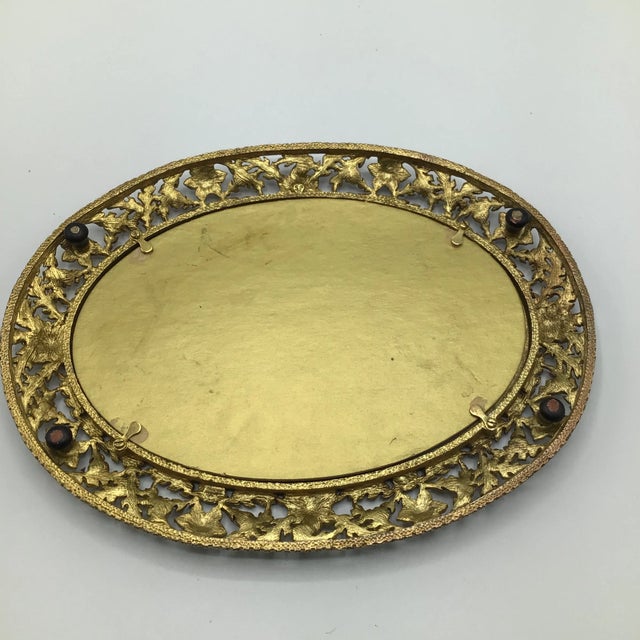 French Art Nouveau Gold Gilt Brass Oval Dresser/Vanity Mirror With Floral Design For Sale - Image 10 of 12