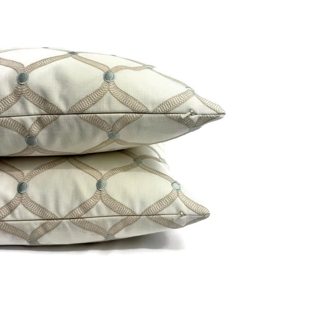 2020s Stout Ferry in Opal Pillow Cover - Cream With Tan and Blue Embroidered Trellis Cushion Case For Sale - Image 5 of 6