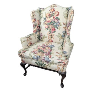 Vintage English Country Floral Chintz Wingback Chair For Sale