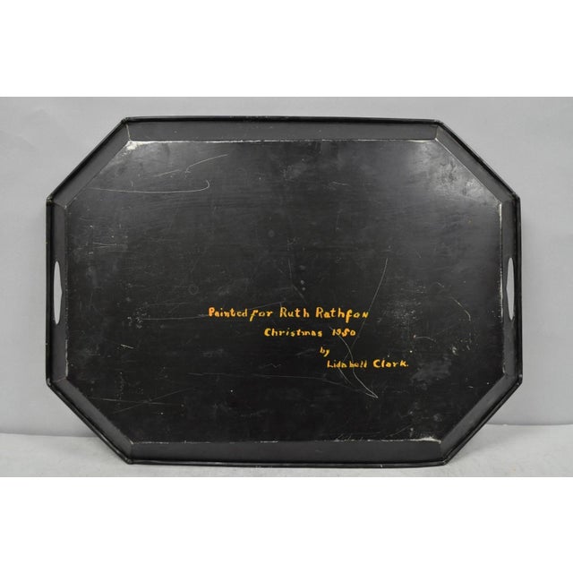 Vintage Lida Bell Clark French Country Pa Dutch Hand Painted Toleware Metal Tray For Sale - Image 15 of 16