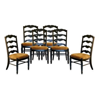 Vintage Distressed Black Ladderback Dining Chairs- Set of 6 For Sale