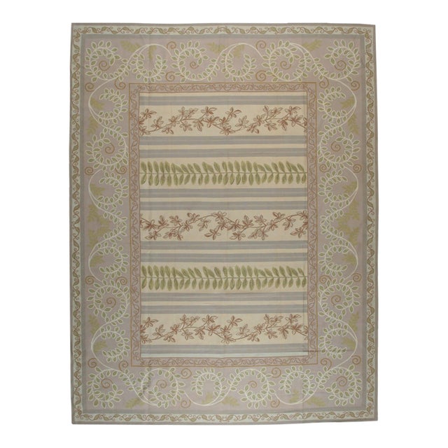 9x12 Vintage Aubusson Flat Weave Wool Rug, Lilac Grey Fern Stripe For Sale