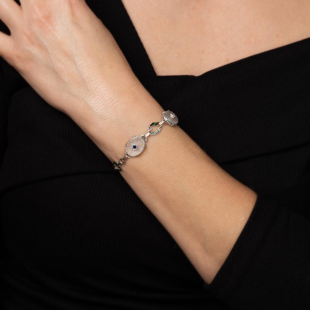 Vintage Art Deco Enamel Bracelet Diamond Camphor Glass 14k White Gold 6" For Sale - Image 4 of 4