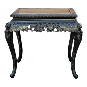 Vintage Chinese Black Relief Floral Carving Apron Claw Legs Side Console Table