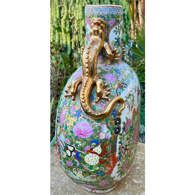Antique Large Chinese Famille Rose Moon Flask Gold Dragon Handles Marked 19th Century For Sale - Image 4 of 18