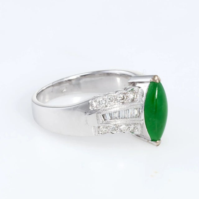 Modern Mid 20th Century Jadeite Jade Diamond Cocktail Ring 18k White Gold Fine Vintage size 6.25 For Sale - Image 3 of 6
