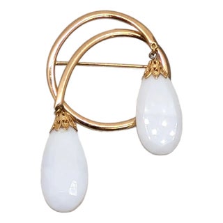 Vintage 1960s Signed Napier Goldtone White Resin Drop Brooch For Sale