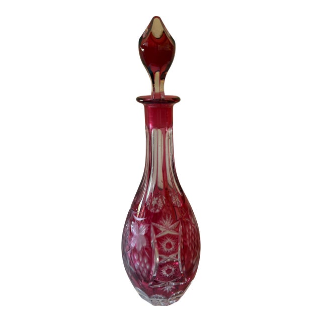 Vintage Nachtmann-Style Cranberry Cut-to-Clear Crystal Wine Decanter, Grapevine & Hobstar Pattern For Sale