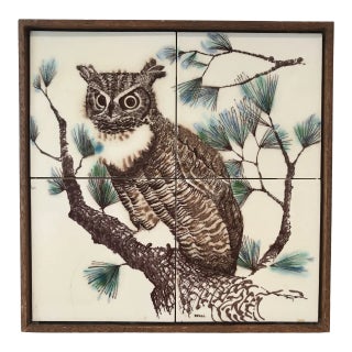 Mid-Century Hand Decorated Framed Owls Tile Panel For Sale